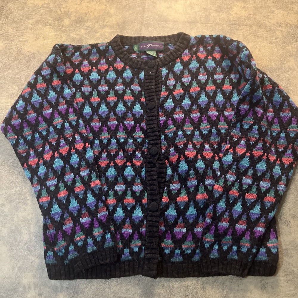 Vintage Sweater Women's Size S Black Diamond Colorful Silk Cotton‎ Cardigan